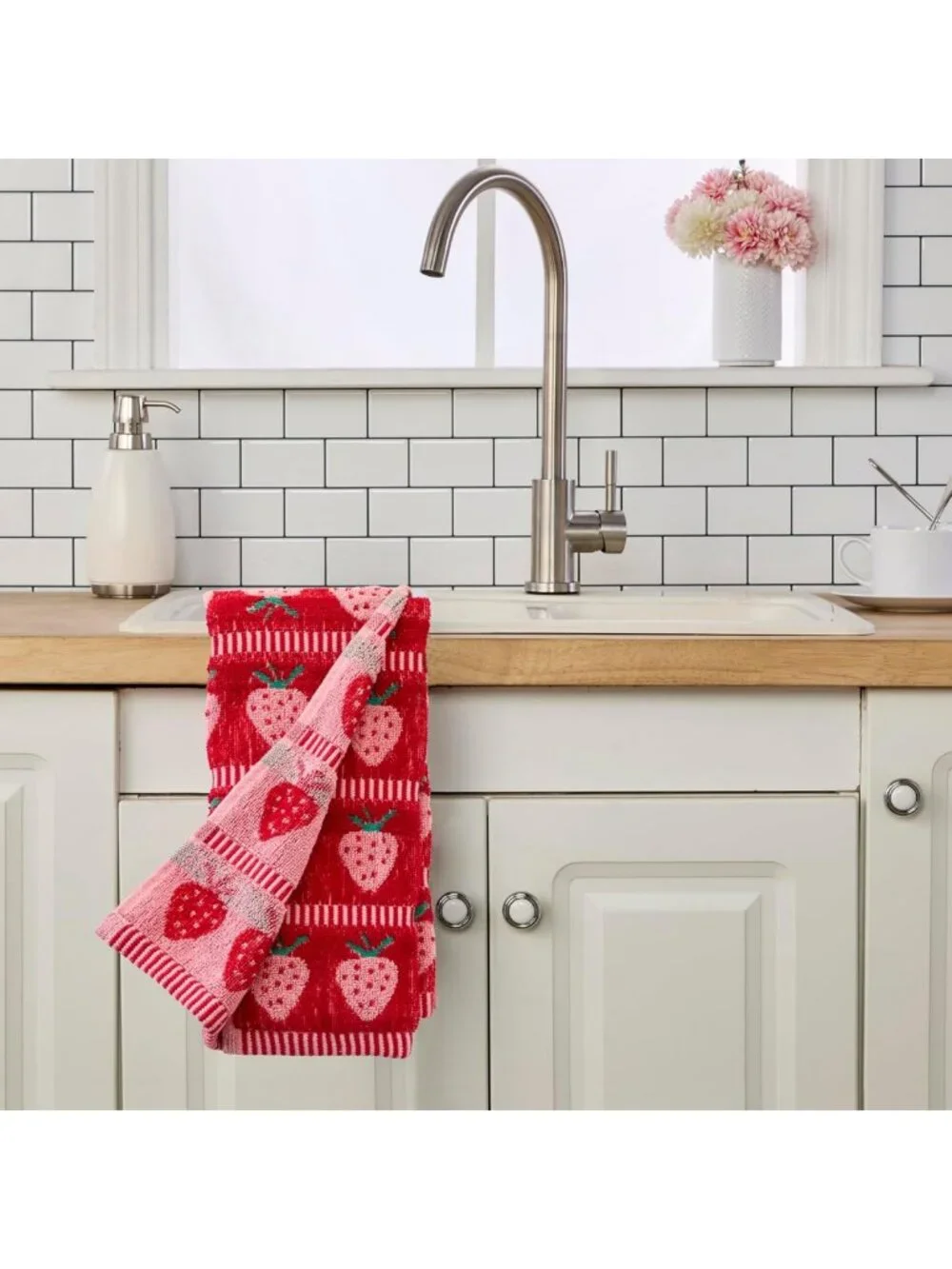 Strawberry Jacquard Hand Towel Set - 2pc, Soft 100% Cotton, Red Kitchen Decor